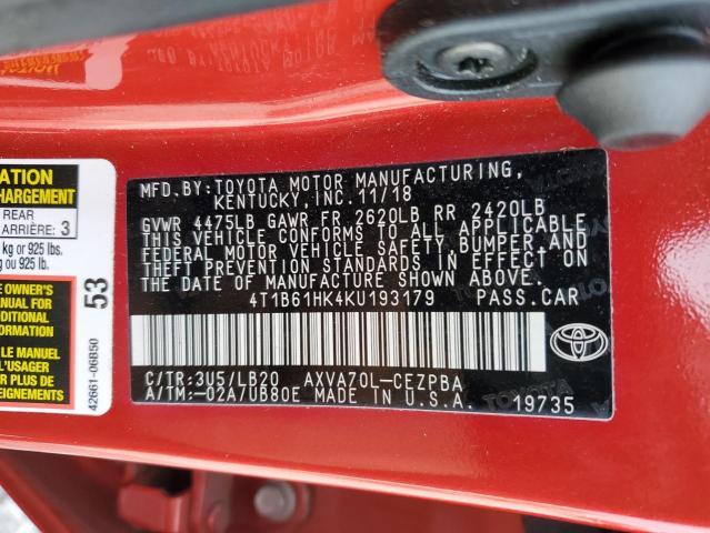 4T1B61HK4KU193179 - 2019 TOYOTA CAMRY XSE Rot Foto 12