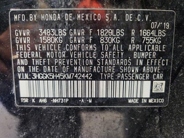 3HGGK5H45KM742442 - 2019 HONDA FIT LX Черный фото 12