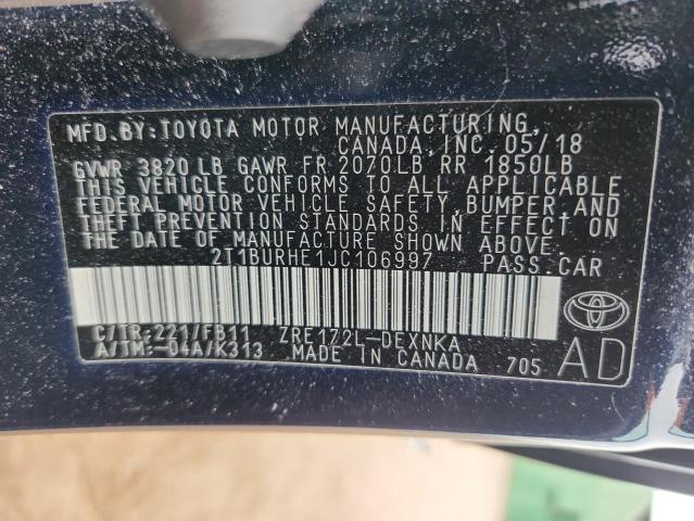 2T1BURHE1JC106997 - 2018 TOYOTA COROLLA L Blau Foto 13