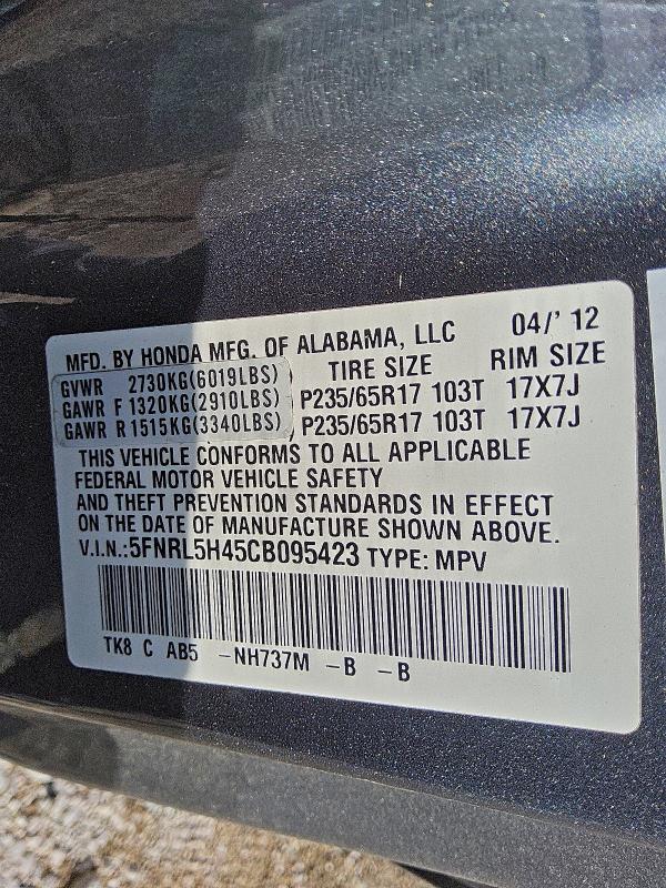 5FNRL5H45CB095423 - 2012 HONDA ODYSSEY EX GRAY photo 13