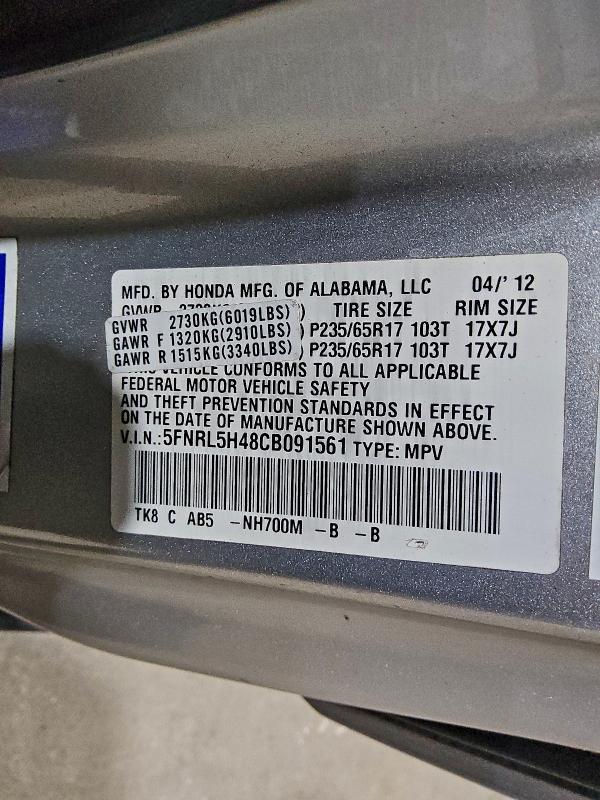 5FNRL5H48CB091561 - 2012 HONDA ODYSSEY EX SILVER photo 13