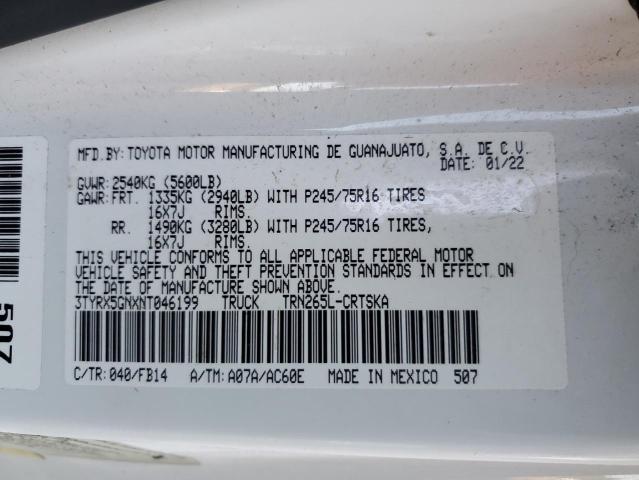 3TYRX5GNXNT046199 - 2022 TOYOTA TACOMA ACCESS CAB თეთრი ფოტო 12