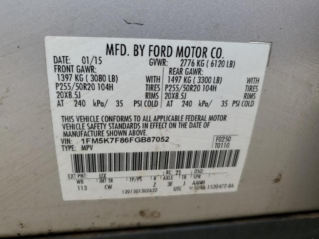 1FM5K7F86FGB87052 - 2015 FORD EXPLORER LIMITED ვერცხლისფერი ფოტო 12