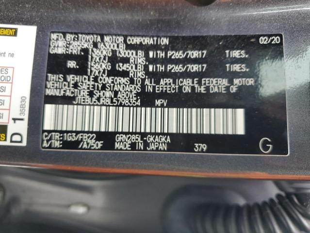 JTEBU5JR8L5798354 - 2020 TOYOTA 4RUNNER SR5/SR5 PREMIUM GRAY photo 12