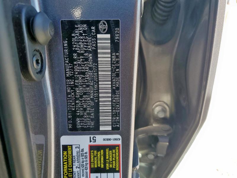 4T1B11HK7JU561772 - 2018 TOYOTA CAMRY L GRAY photo 13