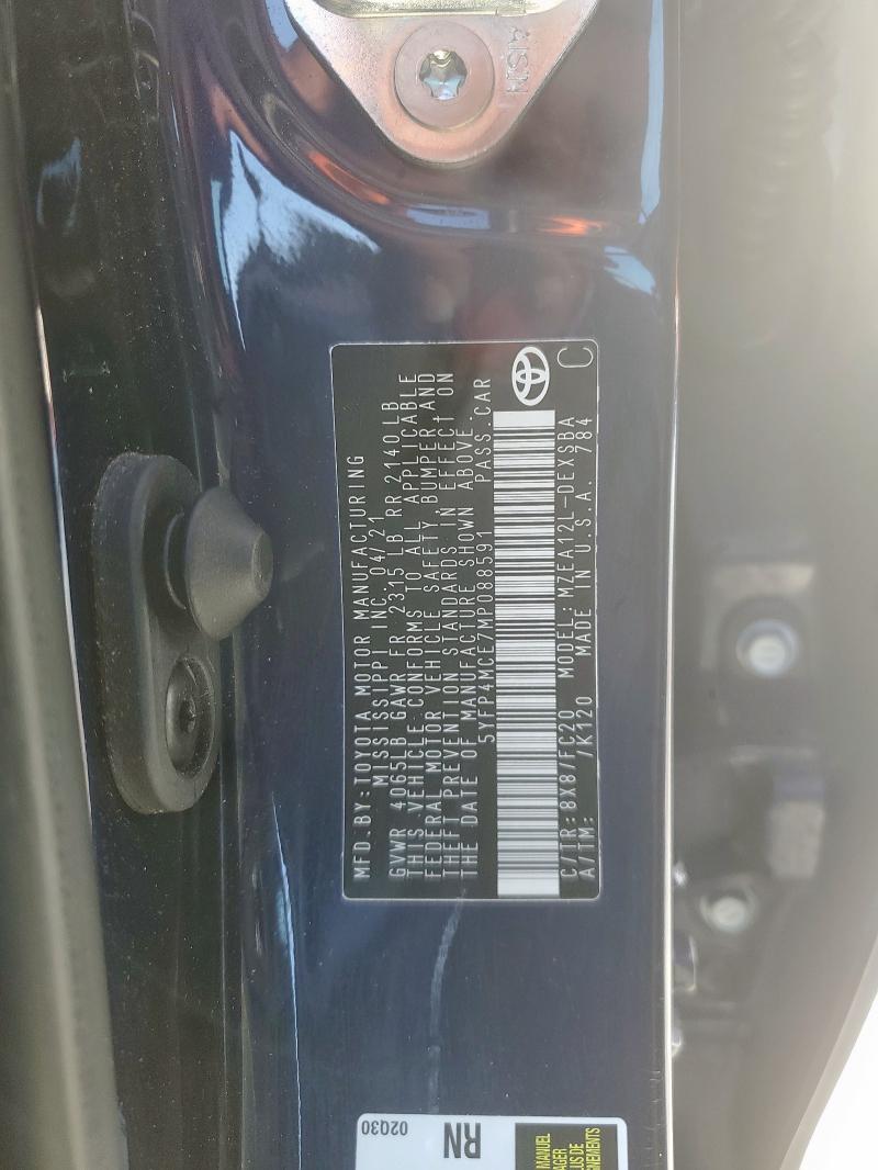 5YFP4MCE7MP088591 - 2021 TOYOTA COROLLA SE Синий фото 12