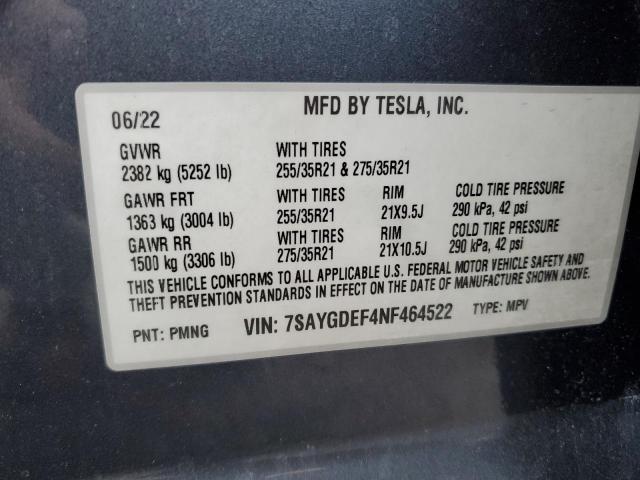 7SAYGDEF4NF464522 - 2022 TESLA MODEL Y GRAY photo 12