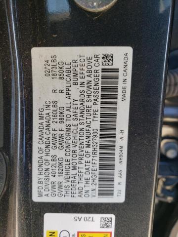 2HGFE1F71RH327930 - 2024 HONDA CIVIC EX 灰色 照片 12