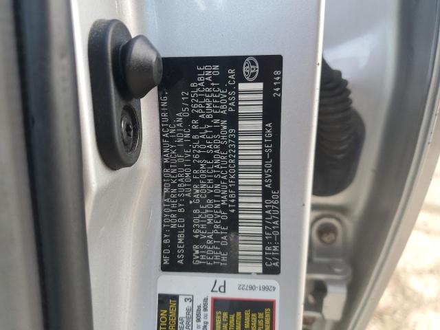4T4BF1FK0CR223739 - 2012 TOYOTA CAMRY BASE 银色 照片 12