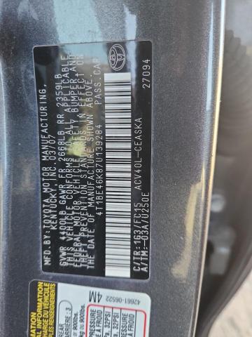4T1BE46K87U139284 - 2007 TOYOTA CAMRY CE 灰色 照片 12