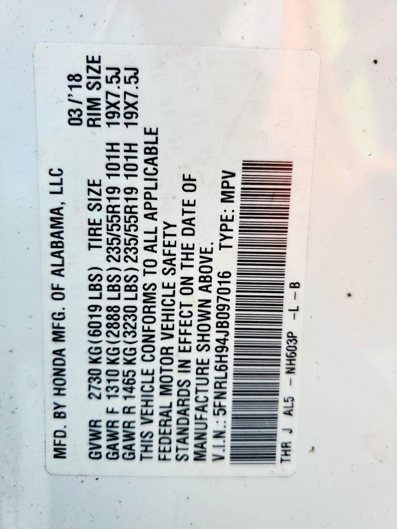 5FNRL6H94JB097016 - 2018 HONDA ODYSSEY ELITE Ağ foto 13