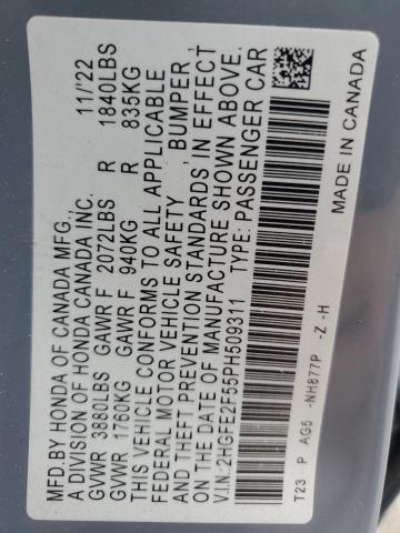 2HGFE2F55PH509311 - 2023 HONDA CIVIC SPORT BLUE photo 13