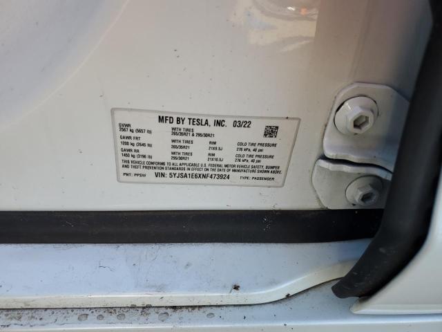 5YJSA1E6XNF473924 - 2022 TESLA MODEL S Blanc photo 12