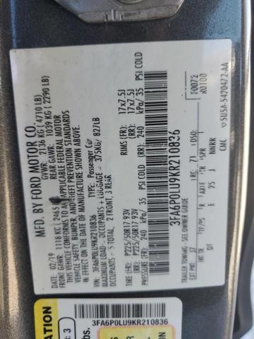 3FA6P0LU9KR210836 - 2019 FORD FUSION SE Сұр фото 12