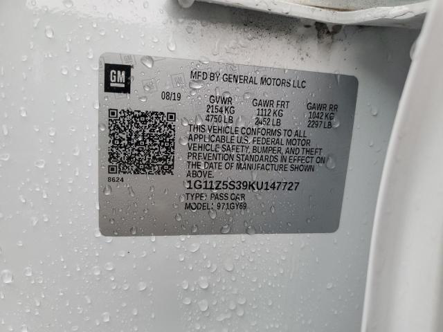 1G11Z5S39KU147727 - 2019 CHEVROLET IMPALA LT 白色 照片 12
