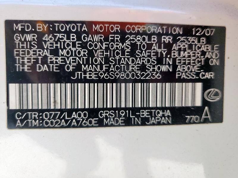 JTHBE96S980032236 - 2008 LEXUS GS 350 WHITE photo 12