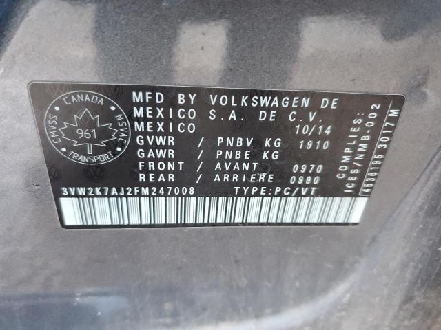 3VW2K7AJ2FM247008 - 2015 VOLKSWAGEN JETTA BASE GRAY photo 12