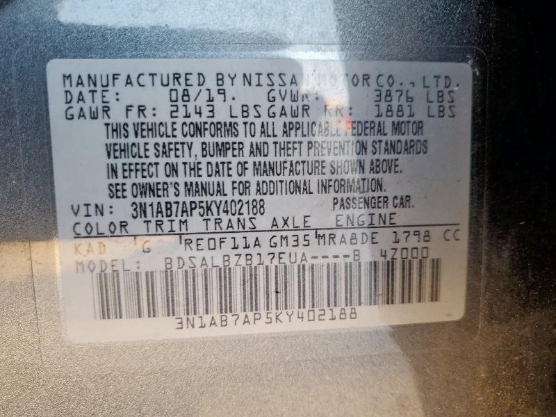 3N1AB7AP5KY402188 - 2019 NISSAN SENTRA S ვერცხლისფერი ფოტო 13