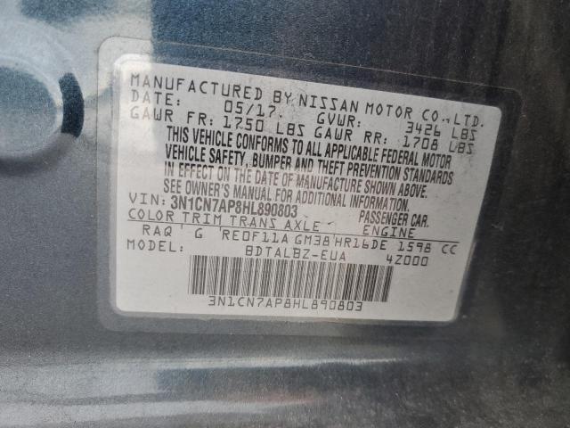 3N1CN7AP8HL890803 - 2017 NISSAN VERSA S ნაცრისფერი ფოტო 13