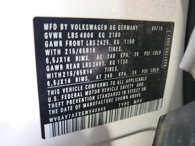 WVGAV7AXXGW540646 - 2016 VOLKSWAGEN TIGUAN S WHITE photo 13