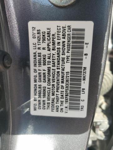 19XFB2F53CE367215 - 2012 HONDA CIVIC LX GRAY photo 12