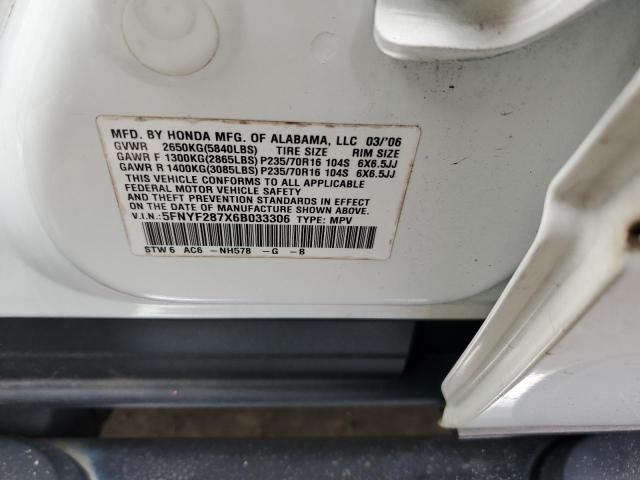 5FNYF287X6B033306 - 2006 HONDA PILOT EX WHITE photo 13