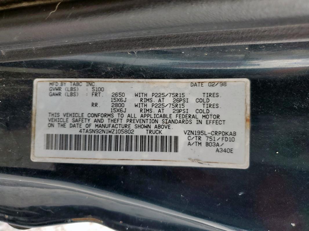 4TASN92N1WZ105802 - 1998 TOYOTA TACOMA XTRACAB PRERUNNER Verde foto 13