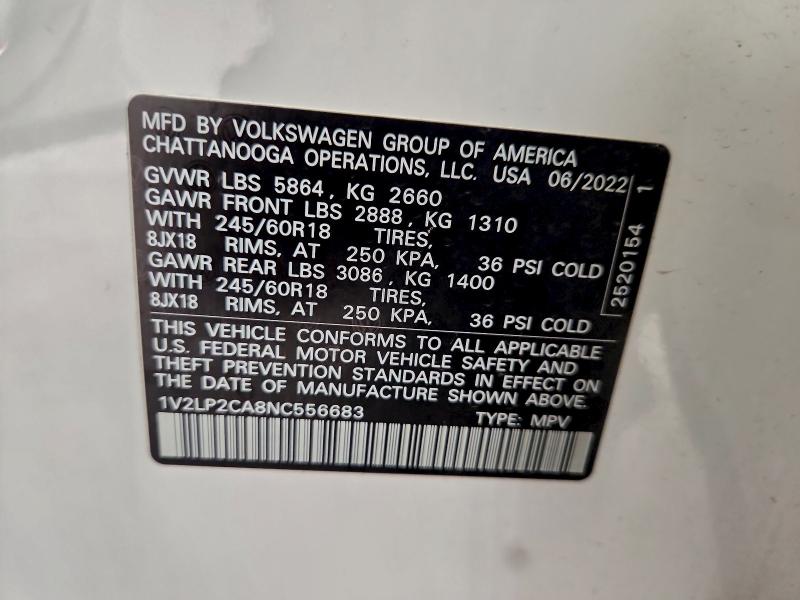 1V2LP2CA8NC556683 - 2022 VOLKSWAGEN ATLAS SE Սպիտակ լուսանկար 12