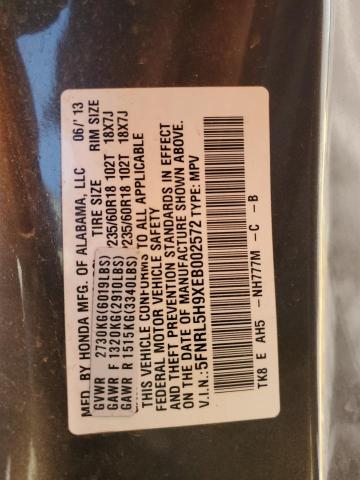 5FNRL5H9XEB002572 - 2014 HONDA ODYSSEY TOURING GRAY photo 13