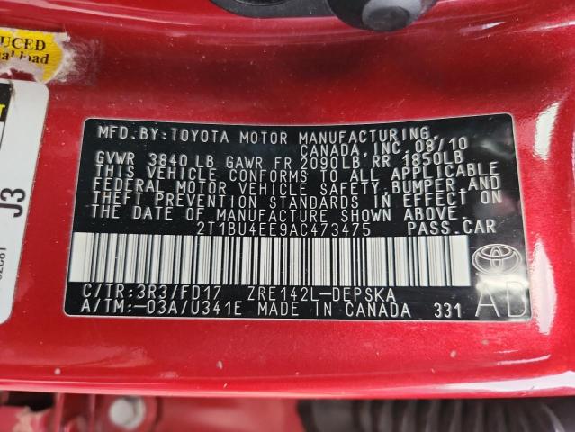 2T1BU4EE9AC473475 - 2010 TOYOTA COROLLA BASE Kırmızı fotoğraf 13