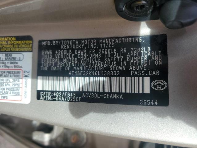 4T1BE32K16U138802 - 2006 TOYOTA CAMRY LE GOLD photo 12
