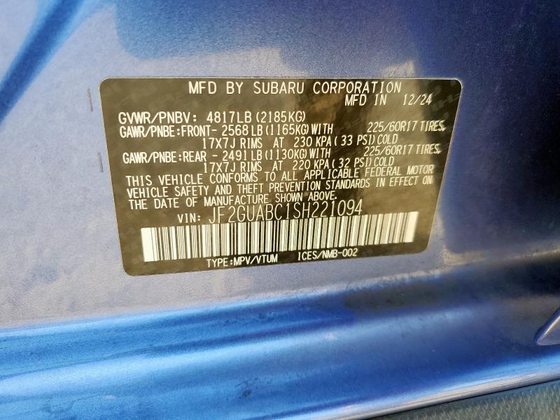 JF2GUABC1SH221094 - 2025 SUBARU CROSSTREK BLUE photo 13