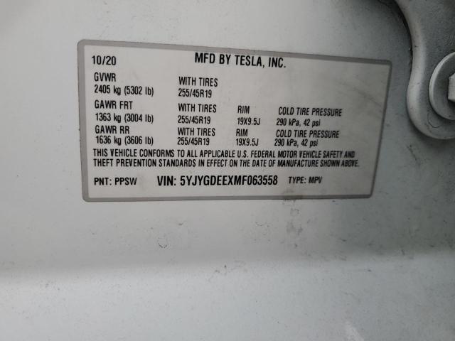 5YJYGDEEXMF063558 - 2021 TESLA MODEL Y 白色 照片 12