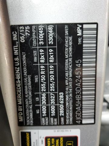 4JGDA5HB3DA245145 - 2013 MERCEDES-BENZ ML 350 4MATIC SILVER photo 13