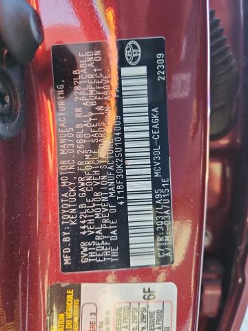4T1BF30K25U104009 - 2005 TOYOTA COROLLA LE RED photo 12