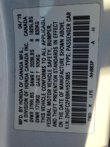 2HGFC2F69KH557885 - 2019 HONDA CIVIC LX 白色 照片 13