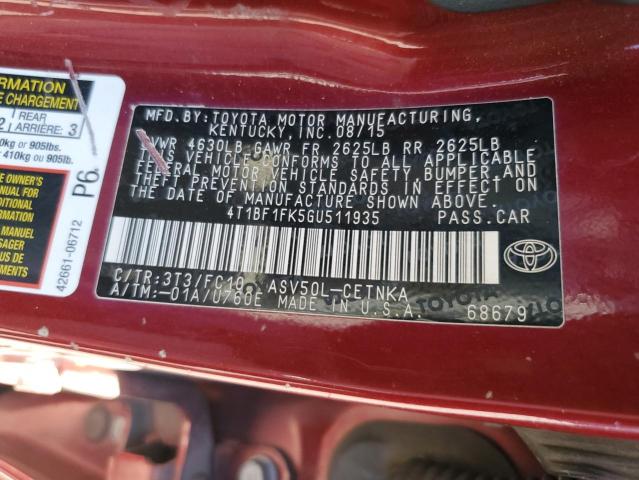 4T1BF1FK5GU511935 - 2016 TOYOTA CAMRY LE 栗色 照片 13