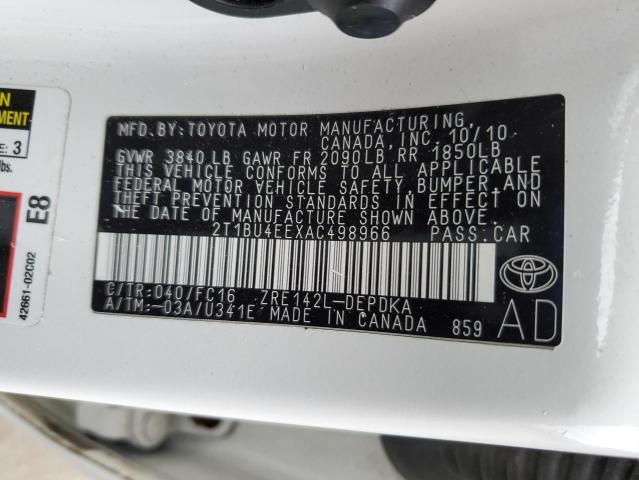 2T1BU4EEXAC498966 - 2010 TOYOTA COROLLA BASE Beyaz fotoğraf 12