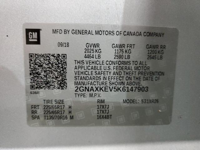 2GNAXKEV5K6147903 - 2019 CHEVROLET EQUINOX LT 银色 照片 13