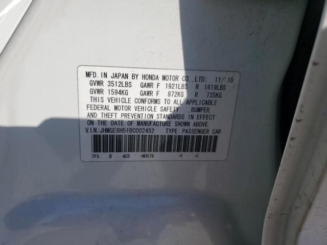 JHMGE8H51BC002452 - 2011 HONDA FIT SPORT WHITE photo 12