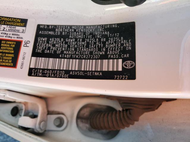 4T4BF1FK7CR272307 - 2012 TOYOTA CAMRY BASE WHITE photo 12