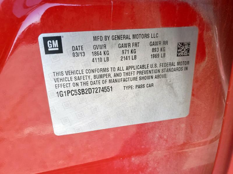 1G1PC5SB2D7274551 - 2013 CHEVROLET CRUZE LT أحمر صورة 12
