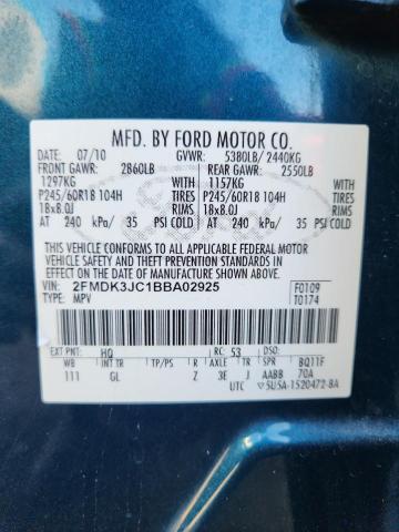 2FMDK3JC1BBA02925 - 2011 FORD EDGE SEL BLUE photo 13