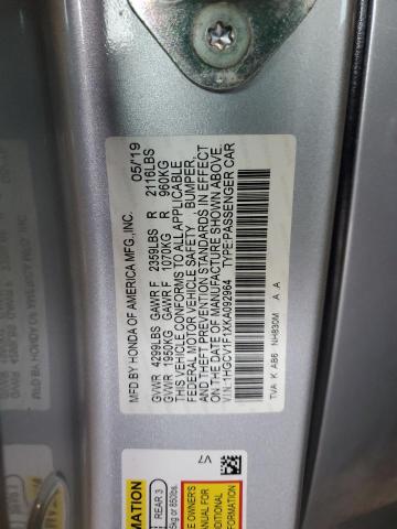 1HGCV1F1XKA092964 - 2019 HONDA ACCORD LX 银色 照片 12