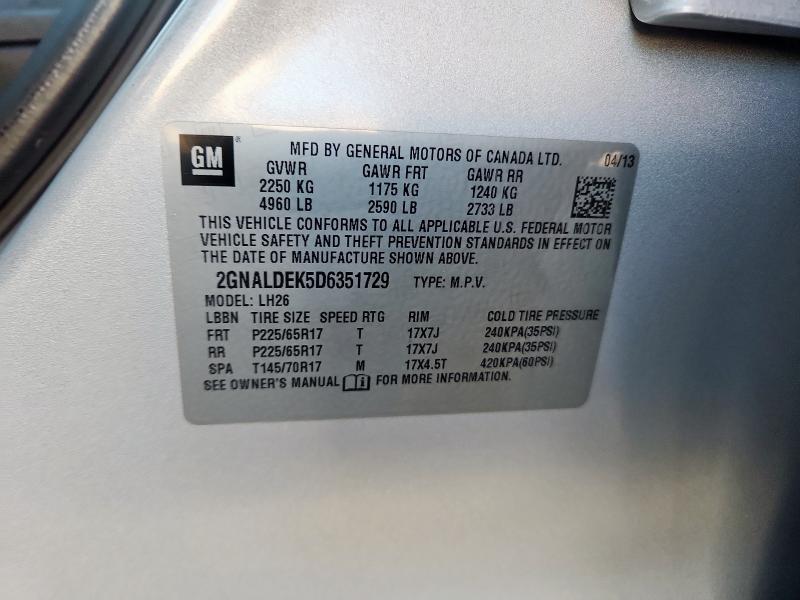 2GNALDEK5D6351729 - 2013 CHEVROLET EQUINOX LT SILVER photo 12