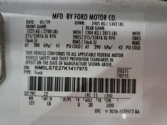 NM0LS7E27K1417975 - 2019 FORD TRANSIT CO XL WHITE photo 13