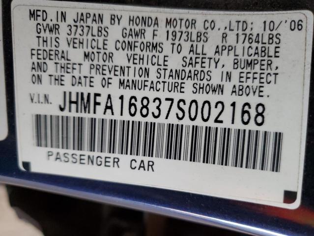 JHMFA16837S002168 - 2007 HONDA CIVIC EX BLUE photo 12