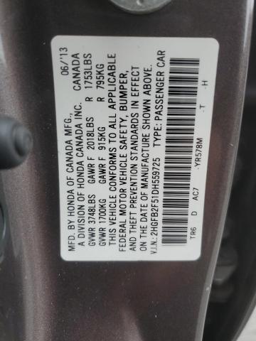 2HGFB2F51DH559725 - 2013 HONDA CIVIC LX GRAY photo 12