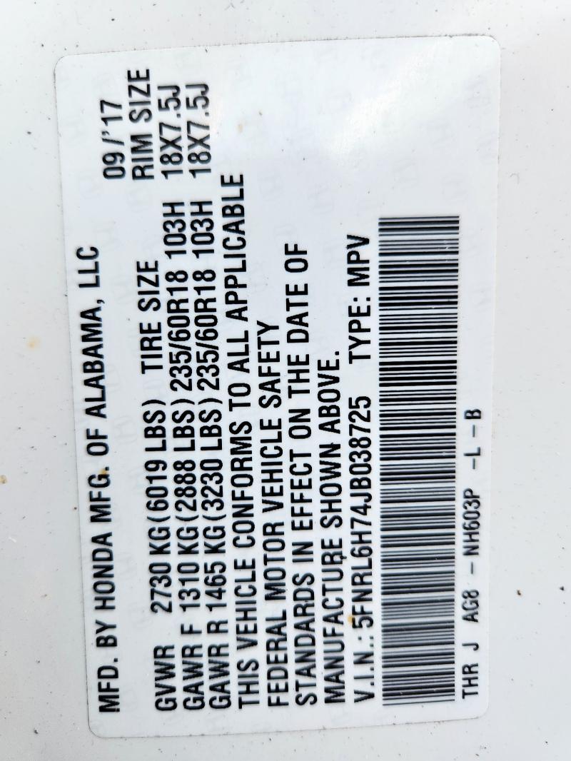 5FNRL6H74JB038725 - 2018 HONDA ODYSSEY EXL 白色 照片 13