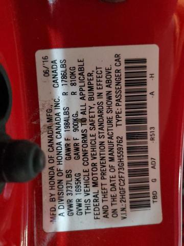 2HGFC2F73GH559762 - 2016 HONDA CIVIC EX RED photo 12